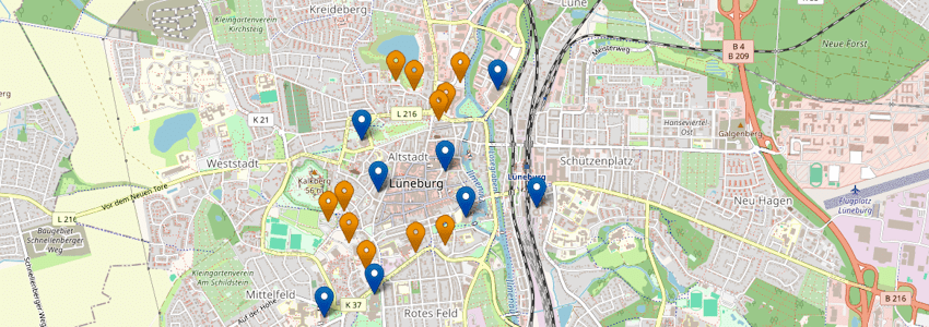 Parken in Lüneburg. Übersichtskarte bei Lünepedia (OpenStreetMap-Mitwirkende).