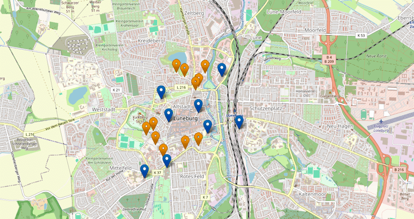 Parken in Lüneburg. Übersichtskarte bei Lünepedia (OpenStreetMap-Mitwirkende).