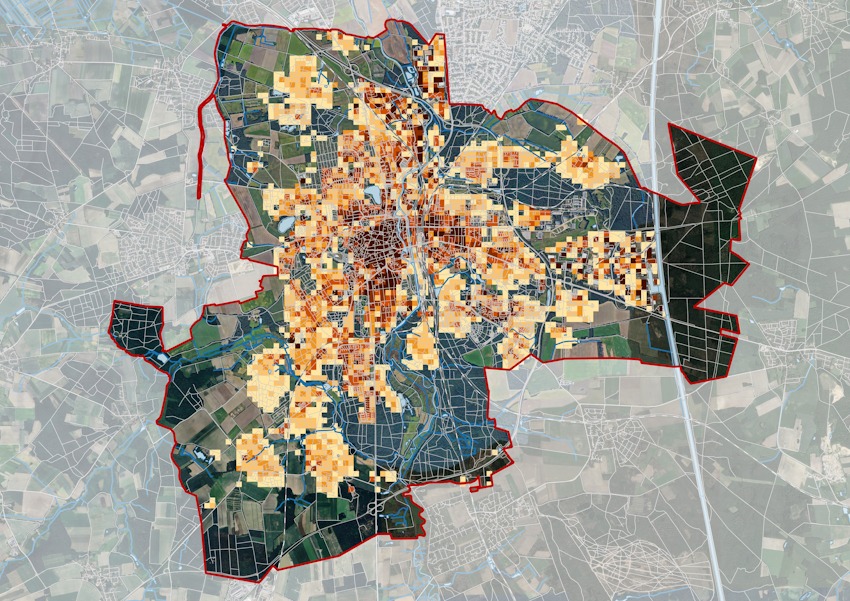 Grafik: Hansestadt Lüneburg. Die Karte gibt den jährlichen Wärmebedarf pro Hektar im Lüneburger Stadtgebiet an - je dunkler, umso höher ist der Bedarf. Diese Auswertung ist eine wichtige Grundlage für die Wahl der passenden Wärmeversorgung in einem Gebiet.