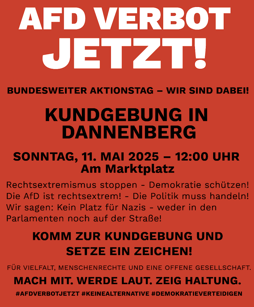 Grafik: Sharepic. Kundgebung: Für ein AfD-Verbot jetzt! - 11. Mai 2025 in Dannenberg.