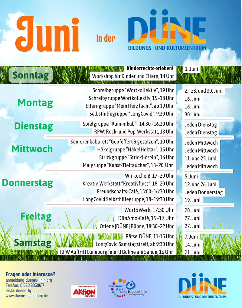 DÜNE - Monatsprogramm für Juni 2025. Grafik: Lebenshilfe Lüneburg-Harburg.