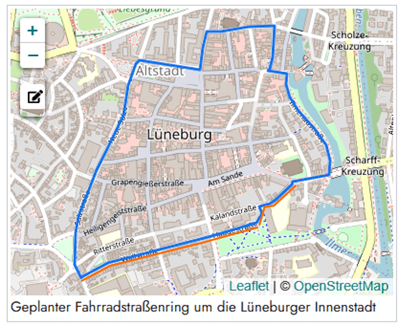 Grafik: OpenStreetMap Mitwirkende / Lünepedia. Geplanter Fahrradstraßenring um die Lüneburger Innenstadt. Er hätte bis Ende 2024 fertiggestellt werden sollen. Bisher gibt es nur den orange markierten Abschnitt.
