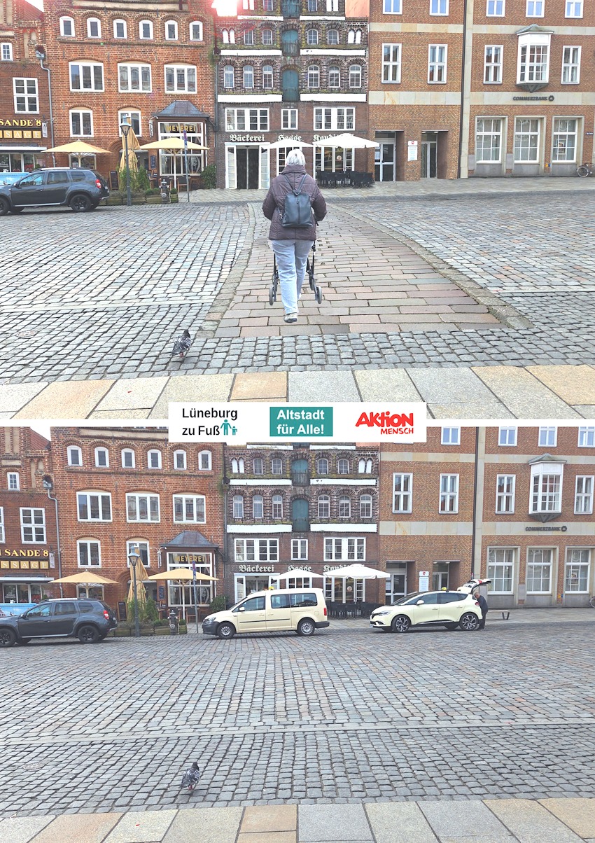 AG Lüneburg zu Fuß: Fotomontage. Ein Überweg, wie hier gezeigt, wäre eine enorme Hilfe, um von der Bäckerstraße aus den Platz Am Sande zu überqueren. Es würde auch für Sicherheit sorgen, wenn Taxen und Busse wissen, dass sie hier auf zu Fuß Gehende achten müssen.