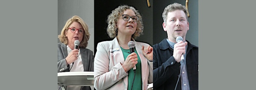 Redner:innen beim Frühjahrsempfang der Grünen in Lüneburg am 23. April 2025. Von links: OB Claudia Kalisch, Julia Verlinden, Pascal Mennen. Foto: Jónina Hannappel,