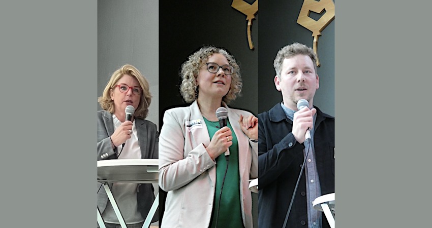 Redner:innen beim Frühjahrsempfang der Grünen in Lüneburg am 23. April 2025. Von links: OB Claudia Kalisch, Julia Verlinden, Pascal Mennen. Foto: Jónina Hannappel,