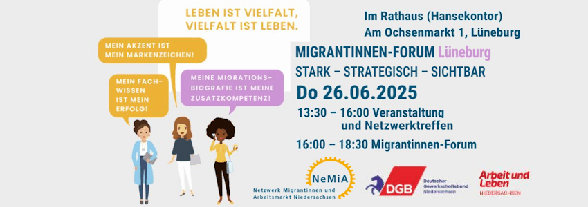 NeMiA, Netzwerk Migrantinnen und Arbeitsmarkt Niedersachsen: Veranstaltung um 26. Juni 2025. Grafik: NeMiA (angepasst).