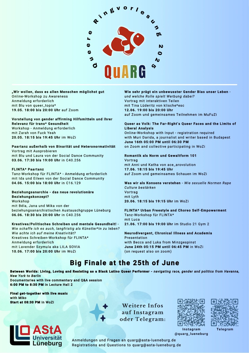 Ringvorlesung AStA-Referat QuARG Mai/Juni 2025 - Programm. Plakat: QuARG,