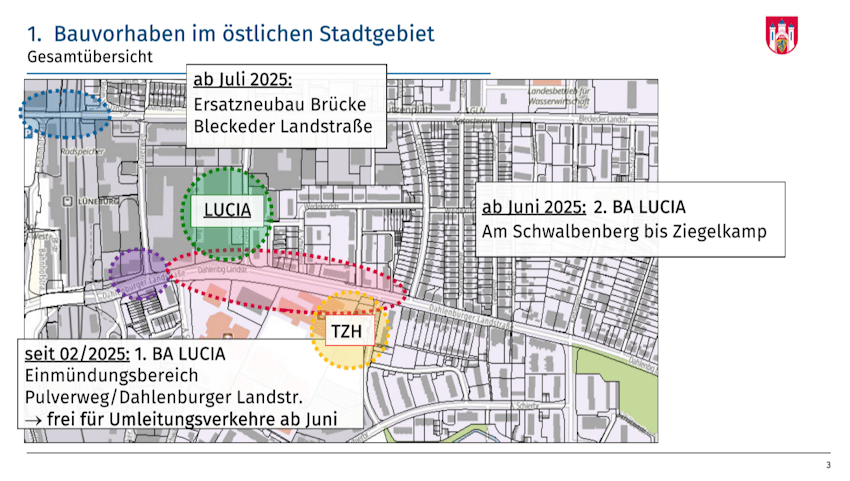 Grafik: Hansestadt Lüneburg. Bauvorhaben im Stadtosten ab Juni 2025 in der Übersicht. Präsentation am 05.06.2025, S. 3.