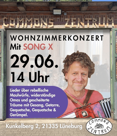 Jörg Isermeyer mit Song X im Commons Zentrum am 29. Juni 2025. Grafik: Sharepic.