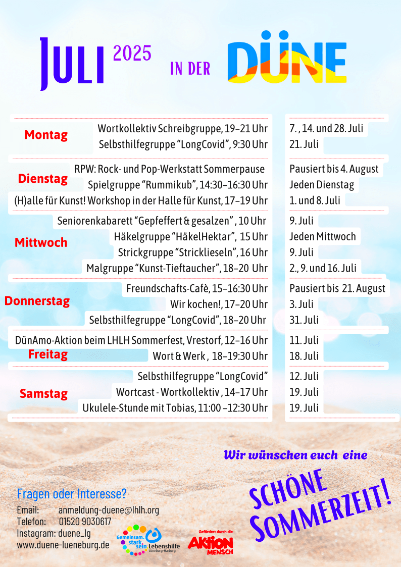 DÜNE - Monatsprogramm für Juli 2025. Grafik: Lebenshilfe Lüneburg-Harburg.