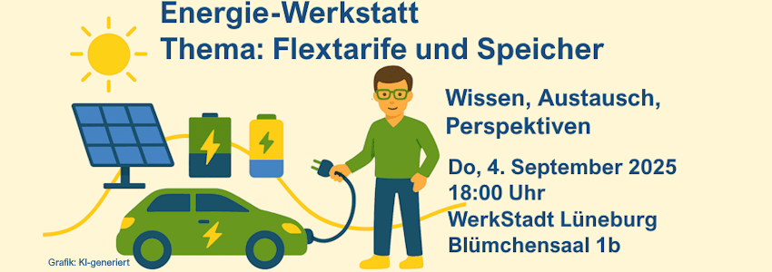 Energie-Werkstatt am 4. September 2025: Flextarife und Speicher. Grafik: Ki-generiert, moktwi eG.