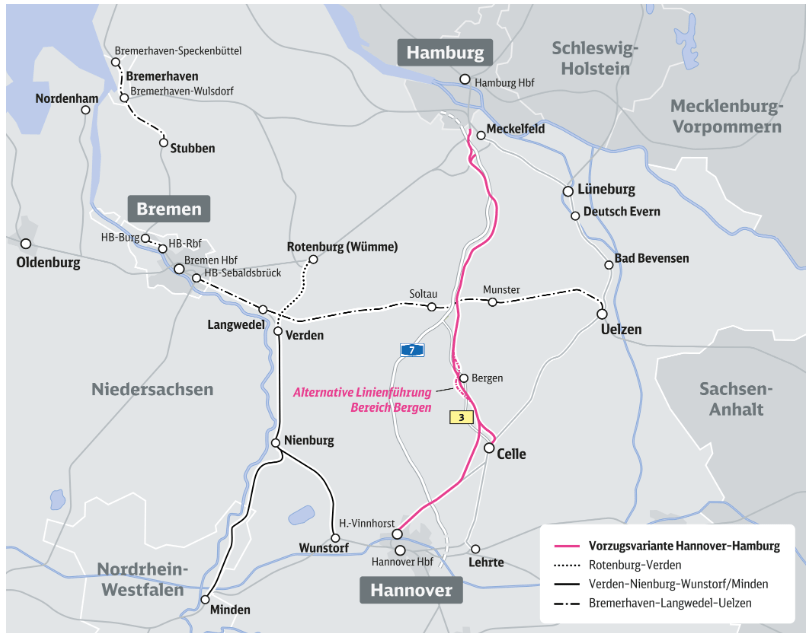Grafik: DB AG
Bahnprojekt Hamburg/Bremen–Hannover. Rot markiert die Vorzugsvariante Hannover-Hamburg. Mehr Information: https://www.hamburg-bremen-hannover.de/home.html