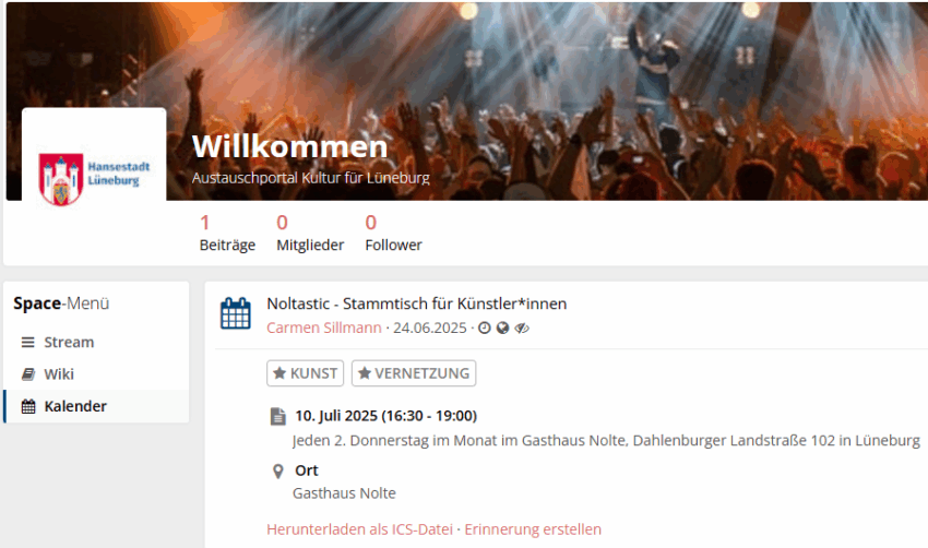 Screenshot: Kulturinfo - Terminankündigung.  Hier können Termine eingetragen und Einladungen ausgesprochen werden.