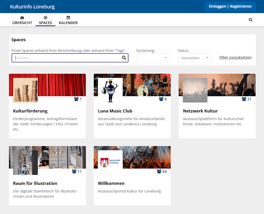 Screenshot: Kulturinfo - Spaces. Die Spaces bieten Raum für Austausch und Vernetzung. Sie können öffentlich sein oder dem internen Austausch dienen.