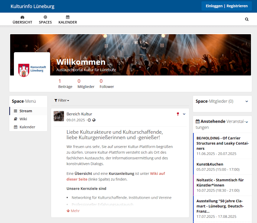 Screenshot: Kulturinfo - Startseite.  Die neue Online-Plattform der Hansestadt Lüneburg wendet sich an alle, die im Kulturbereich aktiv und interessiert sind.