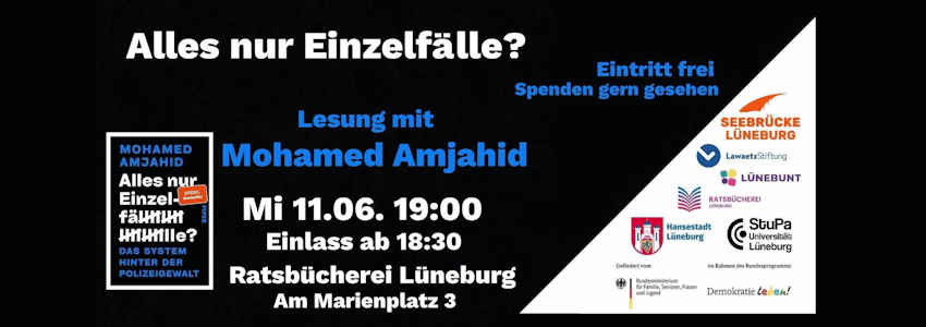 Lesung mit Mohamed Amjahid, 11. Juni 2025, Ratsbücherei Lüneburg. Grafik: Sharepic (angepasst).