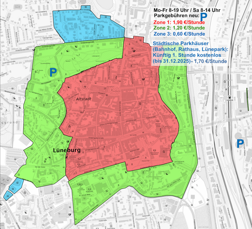 Die neuen Parkzonen und Gebühren in Lüneburg. Karte: Hansestadt Lüneburg (ergänzt).