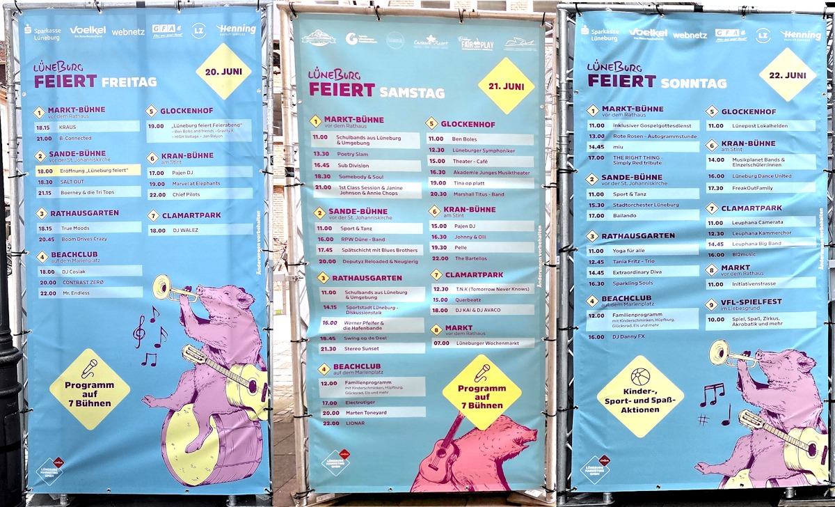 Stadtfest: Programm 20.-22. Juni 2025. Plakate: Lüneburg Marketing GmbH.