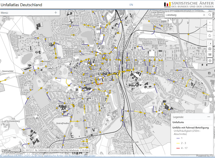 Unfallatlas Deutschland: Unfälle, an denen Radfahrende beteiligt waren im Jahr 2023. Quelle: https://unfallatlas.statistikportal.de/, Datenlizenz Deutschland – Namensnennung – Version 2.0, Lizenz-URI „http://www.dcat-ap.de/def/licenses/dl-by-de/2.0, URL: http://www.govdata.de/dl-de/by-2-0.