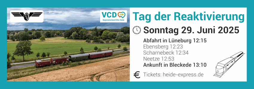 Bahnstrecke Lüneburg-Bleckede: Tag der Reaktivierung am 29.06.2025. Grafik: VCD Elbe-Heide.