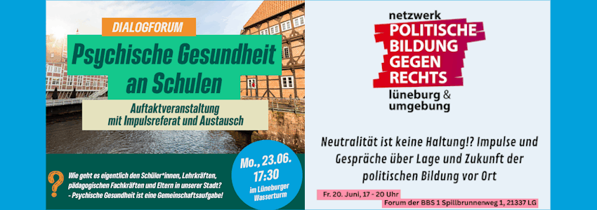 Grafik: Sharepics (angepasst). Veranstaltungen von Netzwerk gegen Rechts und Bündnis 90/Die Grünen Lüneburg, Juni 2025.