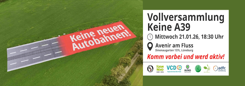 Grafik: Sharepic. Vollversammlung "Keine A39" am 21.01.2026.