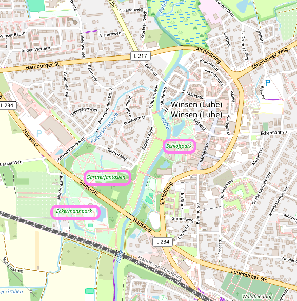 Karte: OpenStreetMap-Mitwirkende. Hier gibt es täglich Sportangebote: Im Winsener Schlosspark, in den Gärtnerfantasien und im Eckermannpark.