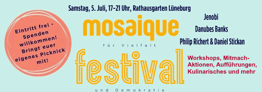 mosaique Sommerfestival, Samstag, 5. Juli – 17-21 Uhr. Grafik: Sharepic (angepasst).