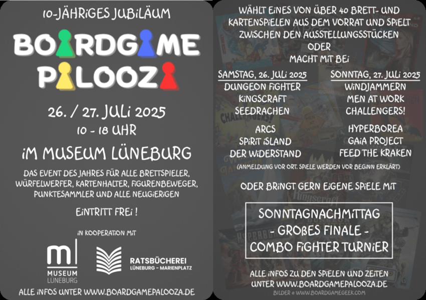 Boardgame Palooza: Jubiläumsveranstaltung am 26./27. Juli 2025. Grafik: Flyer.