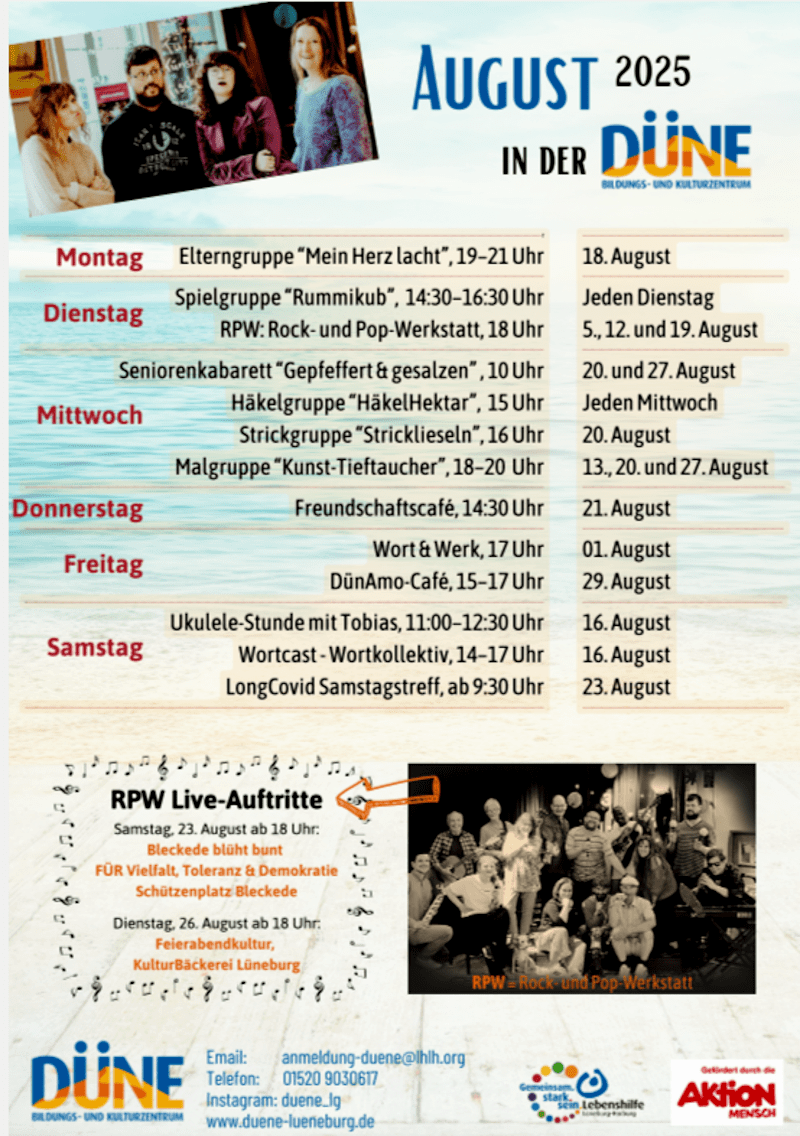 DÜNE – Monatsprogramm für August 2025. Grafik: Lebenshilfe Lüneburg-Harburg.