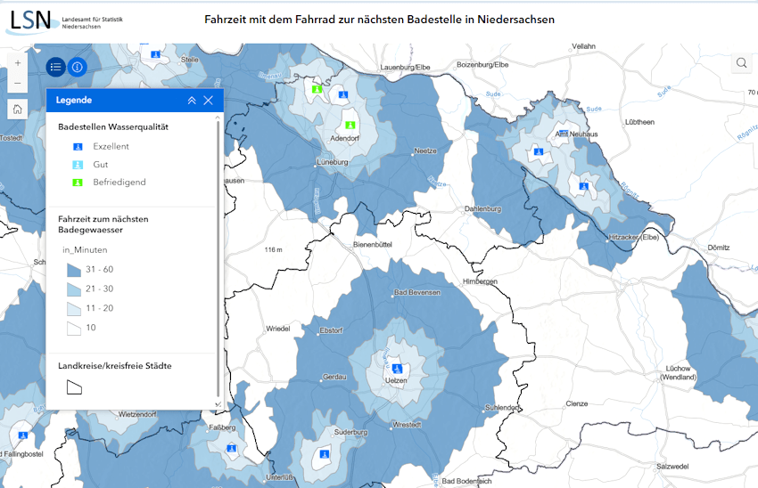 Landesamt für Statistik Niedersachsen: Badegewässer in Niedersachsen. Qualität und Erreichbarkeit per Rad. Screenshot (07/2025): https://www.statistik.niedersachsen.de/datenangebote/badestellen