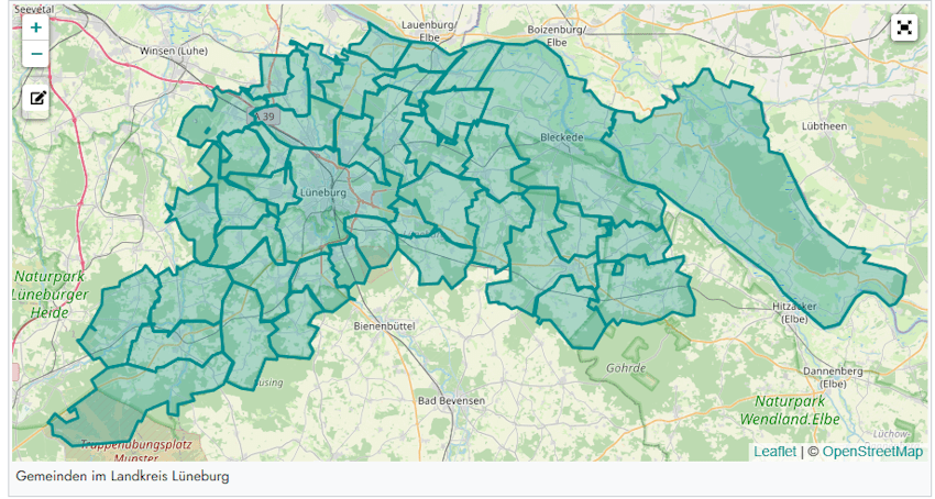 Gemeinden im Landkreis Lüneburg. Karte: Lünepedia. Zur interaktiven Karte bitte klicken!