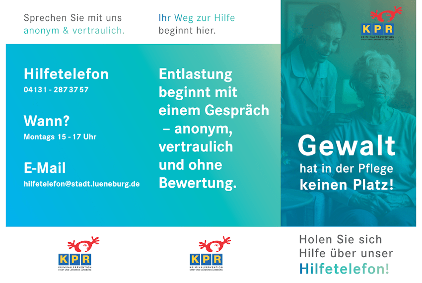Gewalt in der Pflege. Info-Flyer des Kriminalpräventionsrats Lüneburg (Vorderseite).