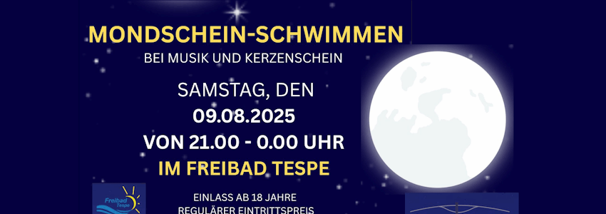 Mondschein-Schwimmen im Freibad Tespe am 9. August 2025. Grafik: Plakat, Samtgemeinde Elbmarsch.