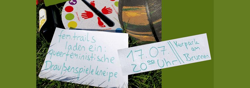 fem.trails: Einladung zur Spielekneipe am 17. Juli 2025. Foto/Grafik: fem.trails (angepasst).