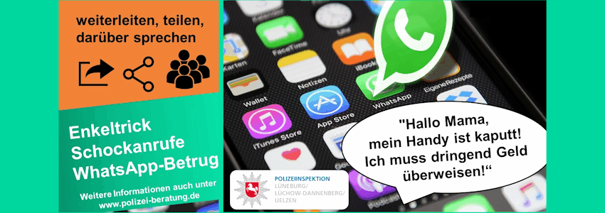 Enkeltrick, Schock-Anrufe, WhatsApp-Betrug. Präventionskampagne der Polizeiinspektion Lüneburg.