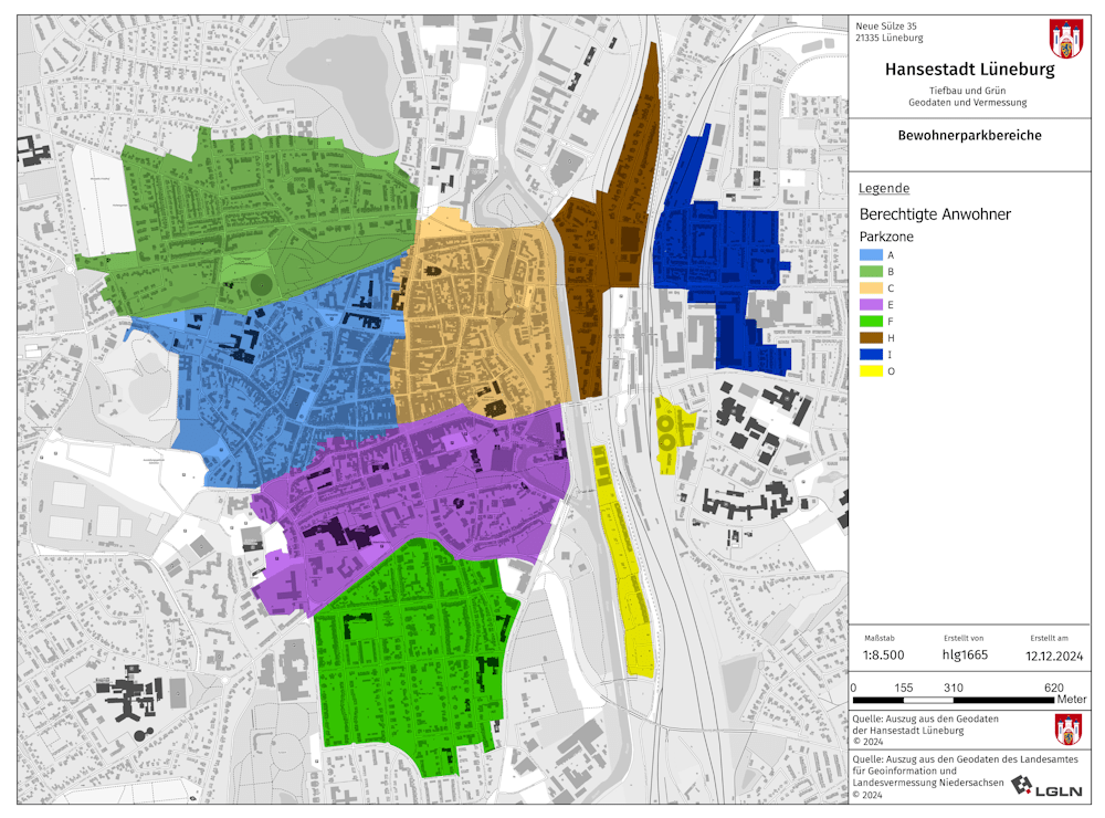 Neue Bereiche beim Bewohnerparken, Planung 12/2024. Karte/Grafik: Hansestadt Lüneburg.