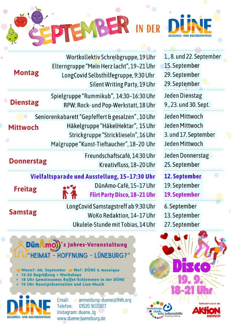 DÜNE - Monatsprogramm für September 2025. Grafik: Lebenshilfe Lüneburg-Harburg.