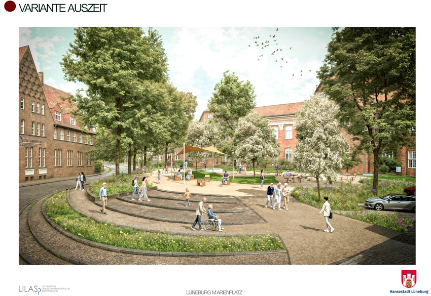 Lüneburg Marienplatz. Entwurfsvariante Auszeit. Präsentation im Ausschuss für Bauen und Stadtentwicklung am 25.11.2024. Grafik: Hansestadt Lüneburg / LILASp Lichtenstein Landschaftsarchitektur & Stadtplanung PartGmbB.