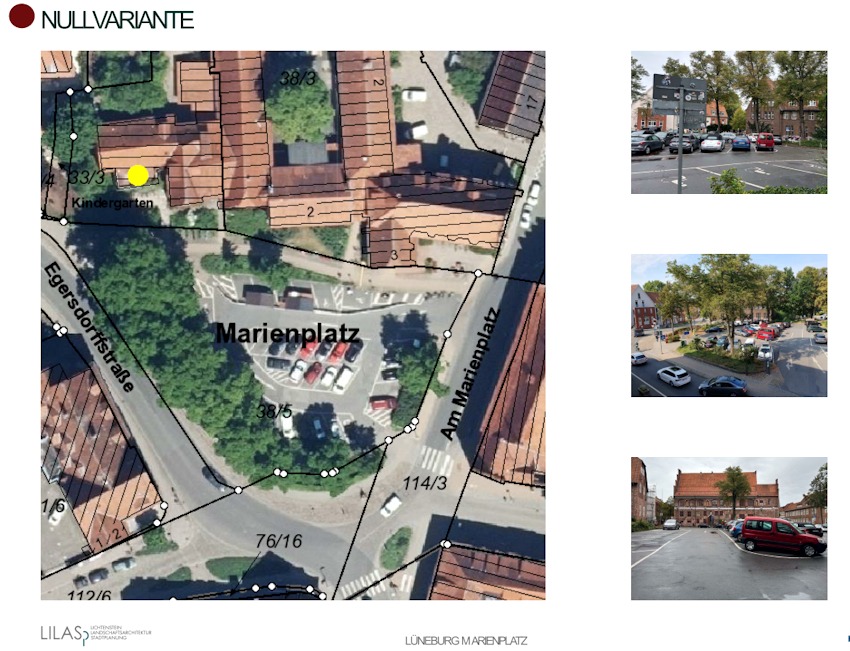 Lüneburg Marienplatz, aktueller Zustand. Präsentation im Ausschuss für Bauen und Stadtentwicklung am 25.11.2024. Grafik: Hansestadt Lüneburg / LILASp Lichtenstein Landschaftsarchitektur & Stadtplanung PartGmbB.