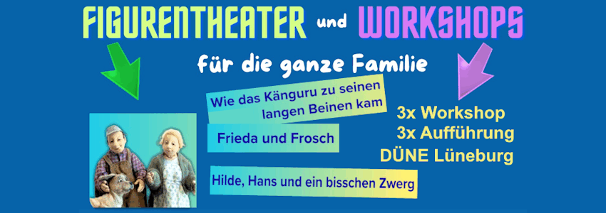 Grafik: Plakat (angepasst). Figurentheater in der DÜNE, 2025/26: Workshops und Aufführungen.
