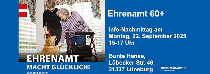 Grafik: Der Paritätische, Niedersachsen. Info-Nachmittag Ehrenamt 60+ am 22.09.2025.