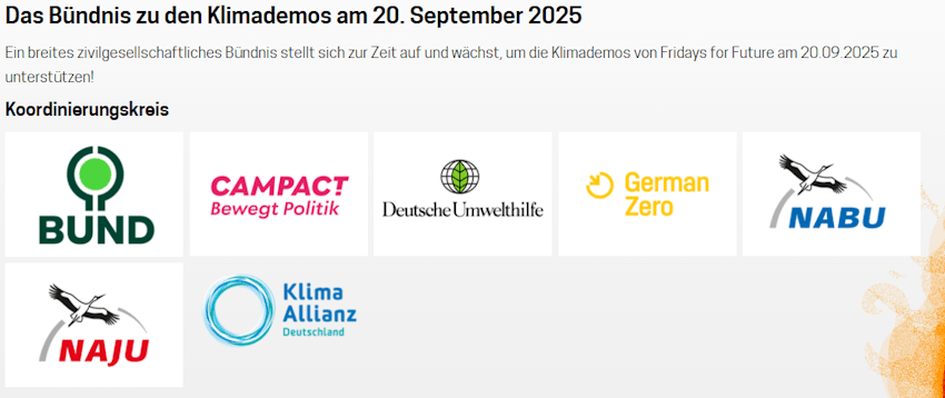 Koordinierungskreis für die Klimademo am 20.09.2025: Ein breites zivilgesellschaftliches Bündnis stellt sich zur Zeit auf und wächst, um die Klimademos von Fridays for Future am 20.09.2025 zu unterstützen.