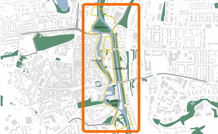 Karte: ALKIS Daten LGLN 2025/TOPOS. Das Untersuchungsgebiet für den Masterplan „Erlebbare Ilmenau“ reicht vom Basteipark im Norden bis zum Wandrahmpark im Süden. Ilmenau und Lösegraben gehören dazu.