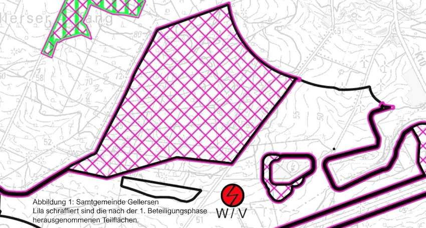 Grafik: Samtgemeinde Gellersen. Abbildung 1: Lila schraffiert sind die nach der 1. Beteiligungsphase herausgenommenen Teilflächen.