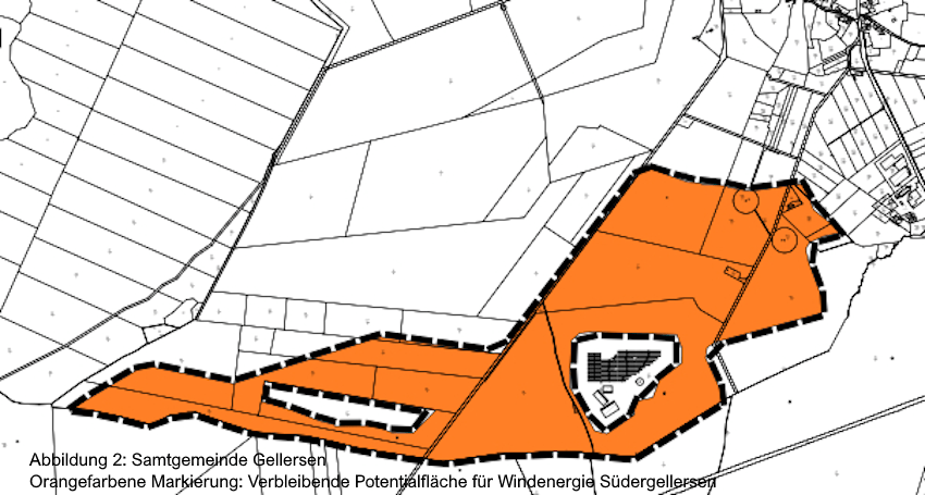 Grafik: Samtgemeinde Gellersen. Abbildung 2: Verbleibende Potentialfläche für Windenergie Südergellersen.