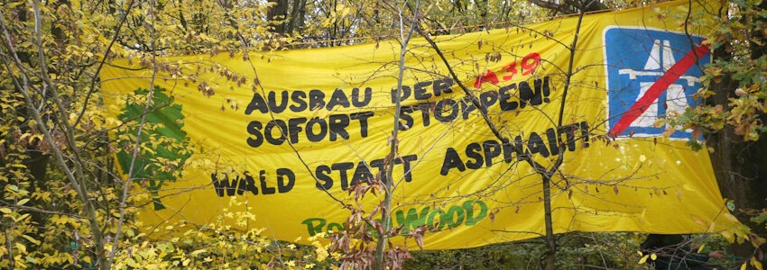 Foto: Cécile Lecomte. Banner „Ausbau der A39 sofort stoppen! Wald statt Asphalt!“ zwischen den Bäumen im Lüner Holz.