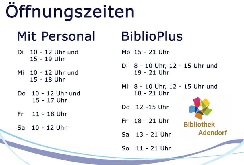 Grafik: Bibliothek Adendorf. Öffnungszeiten.