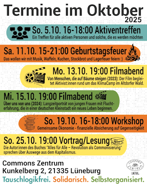 Commons Zentrum: Termine im Oktober 2025. Sharepic.