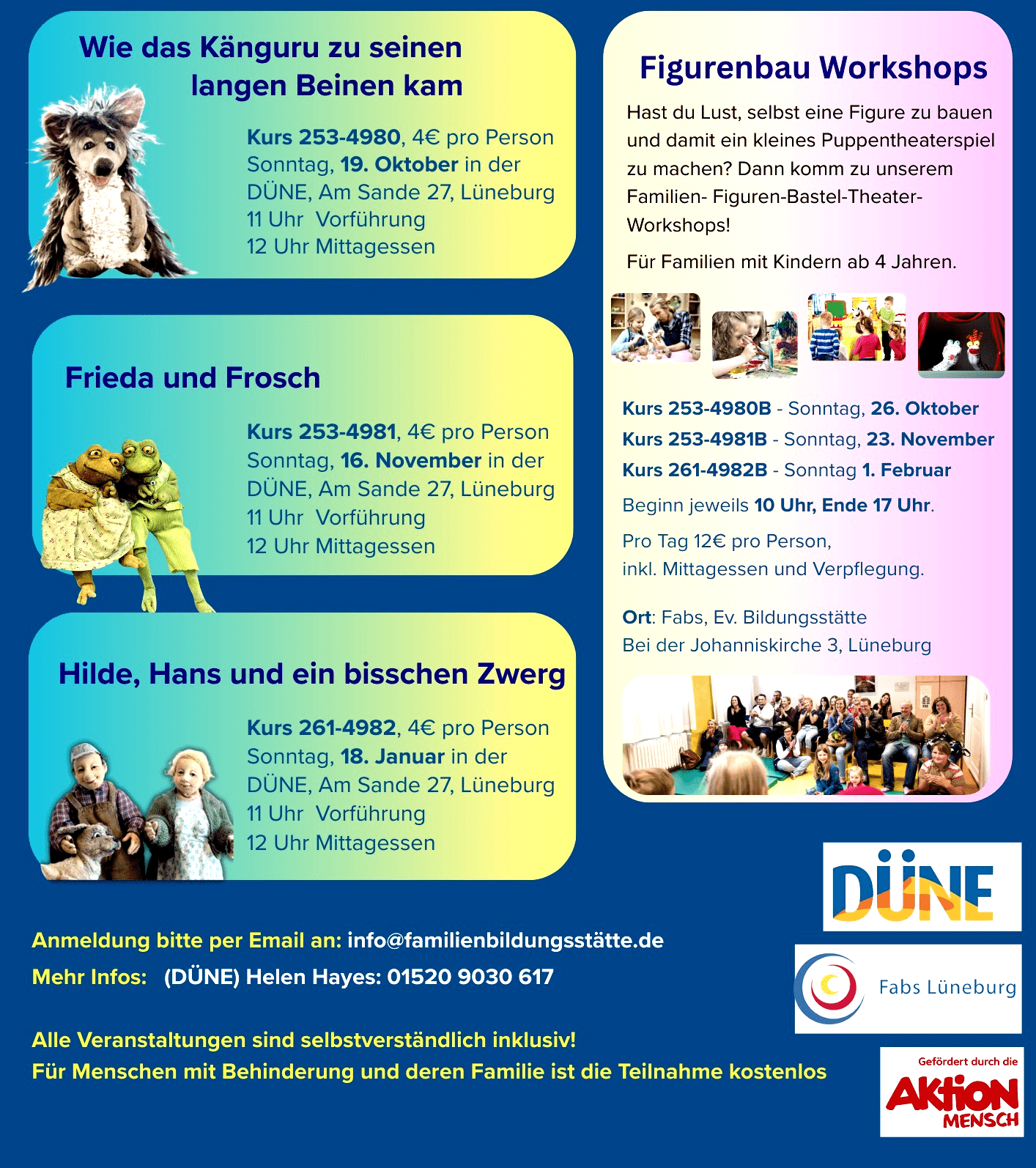 Grafik: Plakat (angepasst). Figurentheater in der DÜNE, 2025/26: Workshops und Aufführungen.